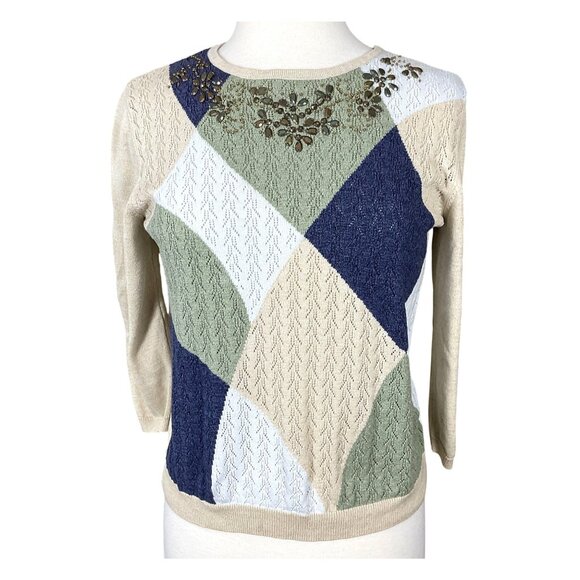 Alfred Dunner 3/4 Sleeve Scoop Neck Pointelle Knit Beaded Colorblock Sweater PM - Picture 1 of 7